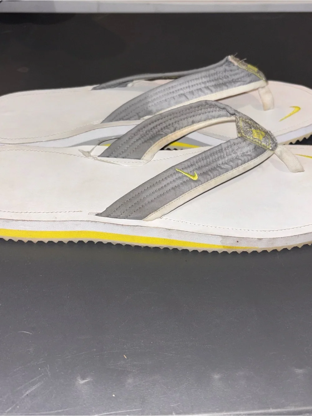 Nike Women’s White & Gray Thong Sandals with Yellow Swoosh